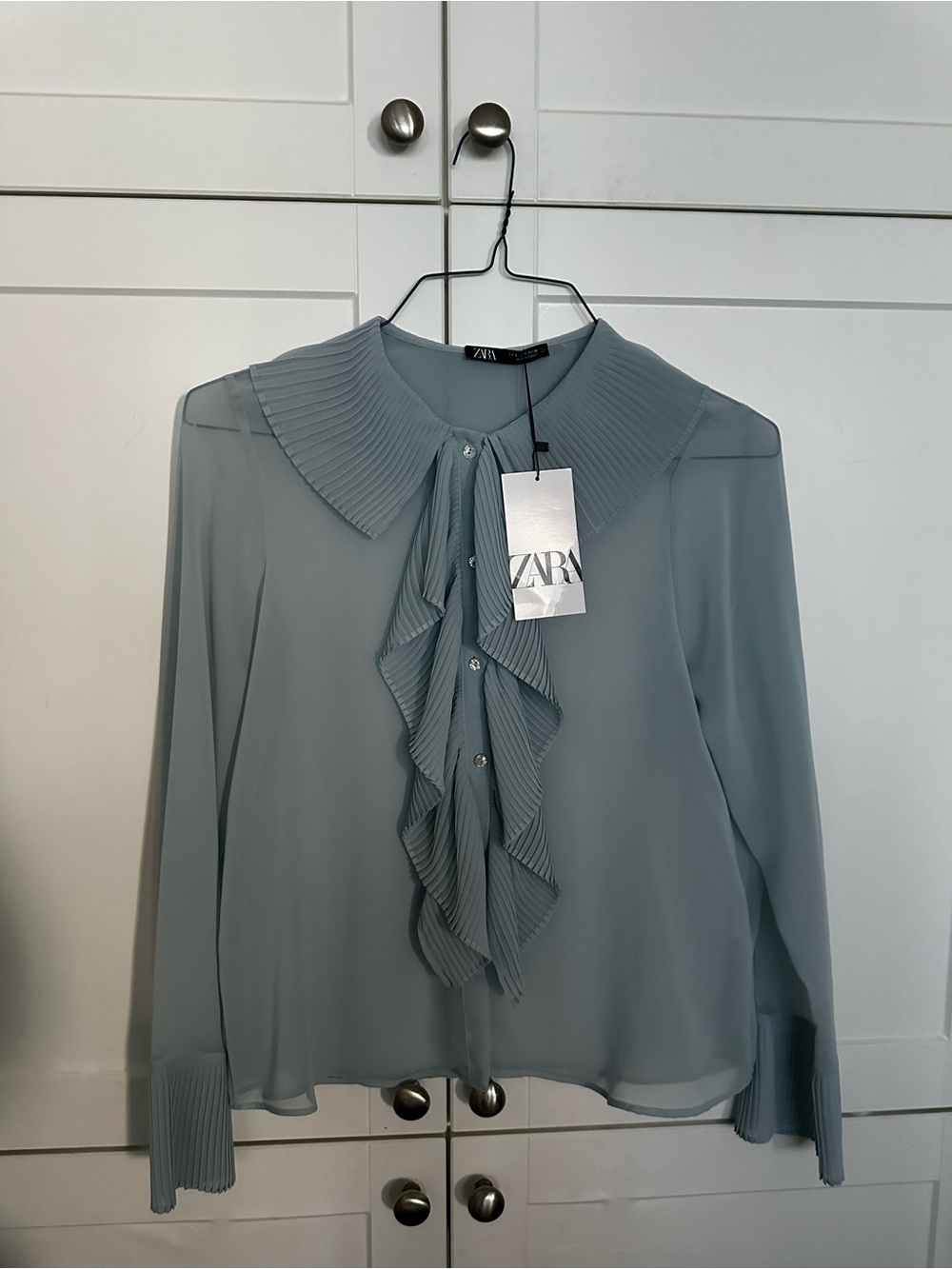 Zara Light Blue Pleated Ruffle Blouse